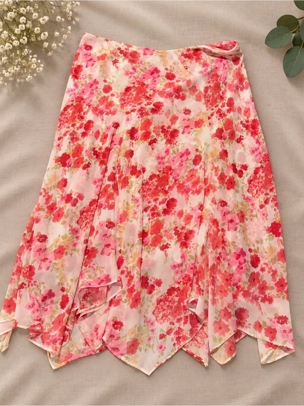 Emma James Pink & Red Floral Handkerchief Hem Skirt